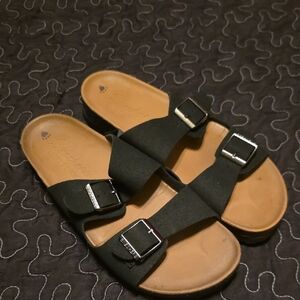 Skechers Black Slide Sandals with Tan Footbed